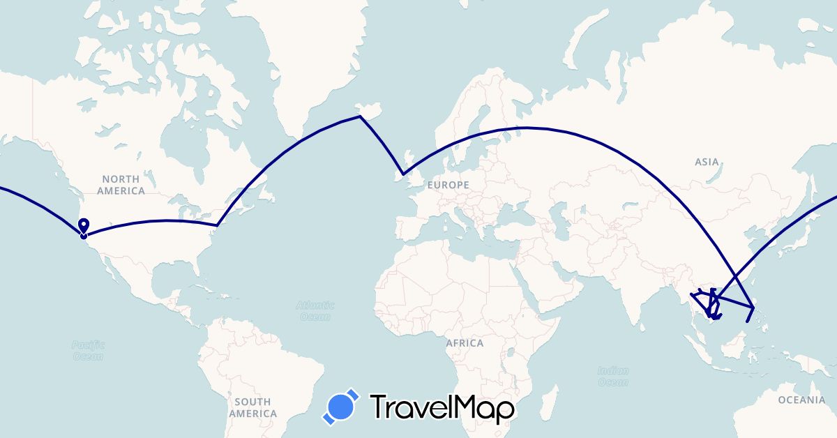 TravelMap itinerary: driving in Ireland, Iceland, Cambodia, Laos, Philippines, Thailand, United States, Vietnam (Asia, Europe, North America)